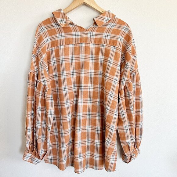 POL Shirt Oversize Plaid Tunic Split Collar Bishop Sleeve - Picture 7 of 11